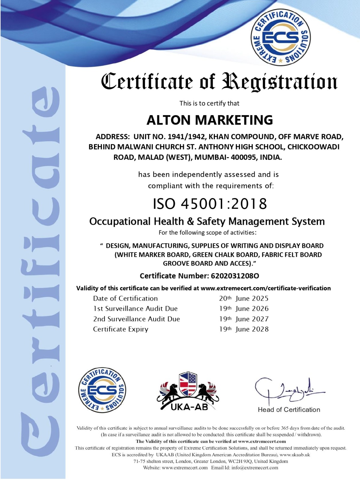 ALLARK ISO 45001:2018 Health & Safety Certificate